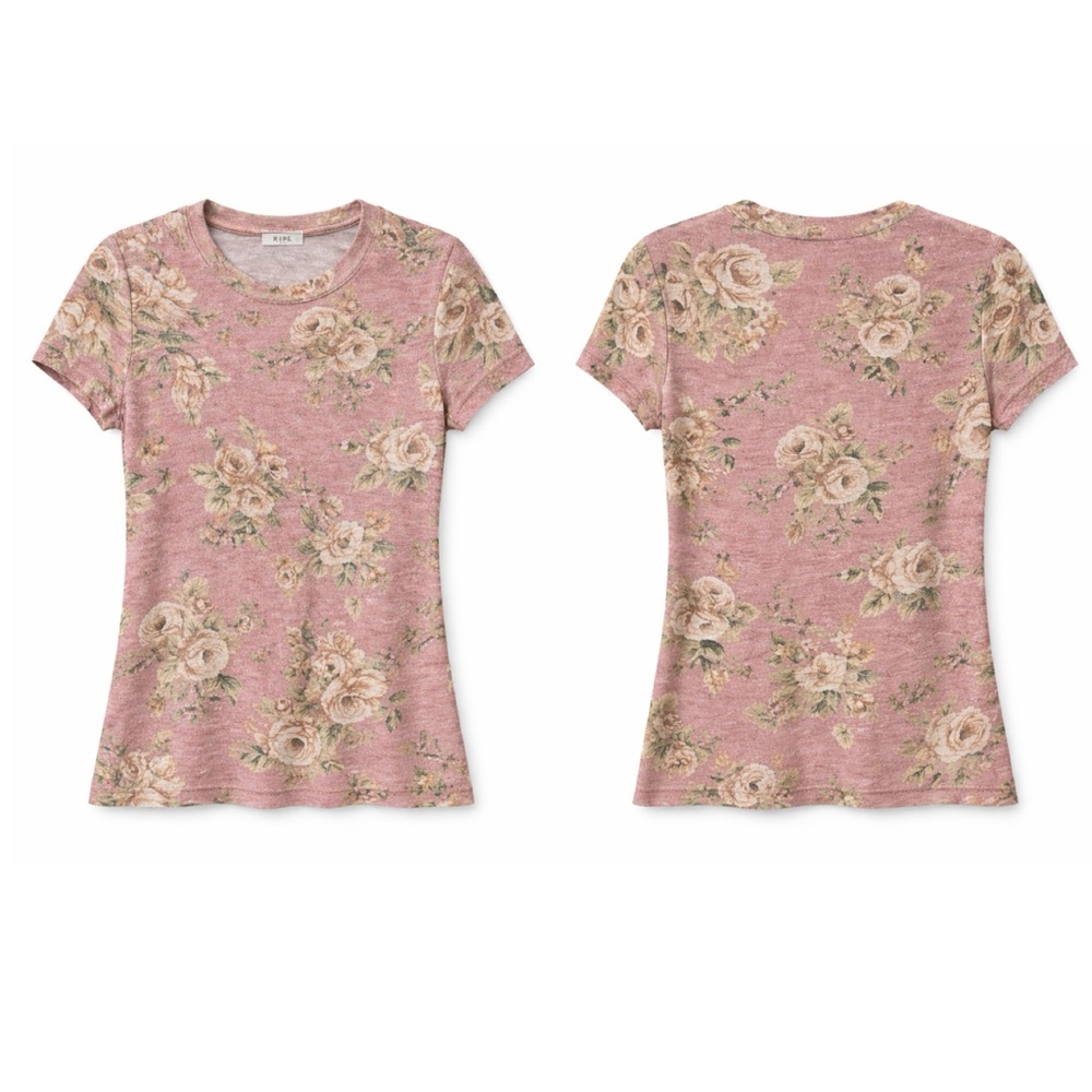 RIPE Floral Knit Soft Stretchy Tee Dusty Rose Sz S Rayon Blend Cottagecore Boho - Picture 4 of 16